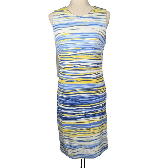 J McLaughlin Catalina Cloth Stretch Blue Yellow Shift Sleeveless Dress Small - Picture 1 of 9